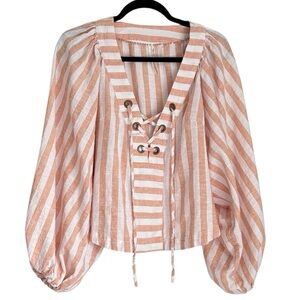 Anthropologie Peach and White Striped Lace-Up Blouse